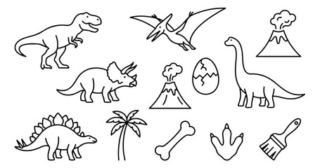 Dinosaur vector icon set, prehistoric animal collection, cute dino line art, volcano, egg, palm tree, bone, footprint, and brush, isolated on white, for kids' designs and educational materials © Jemie