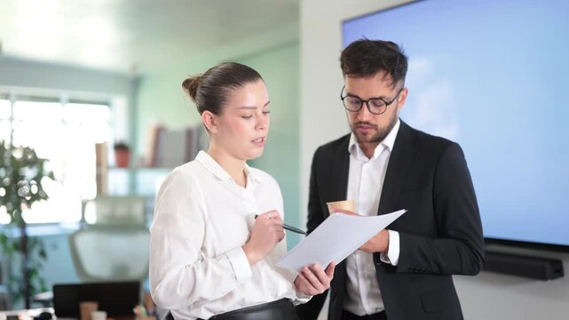 Girl and man office staff talk and discuss working issues, read contract, and search for information in document. Colleagues filling documents, editing content plan