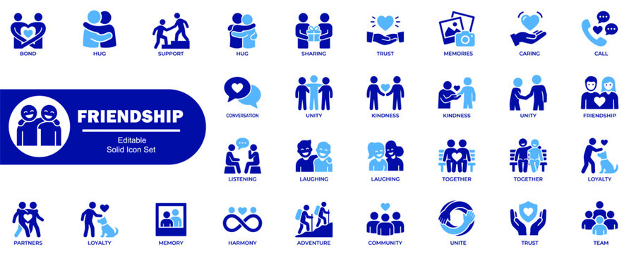 Friendship icon set. Displaying human interaction and social bonding concepts for modern web and mobile app development as a vector illustrator.
