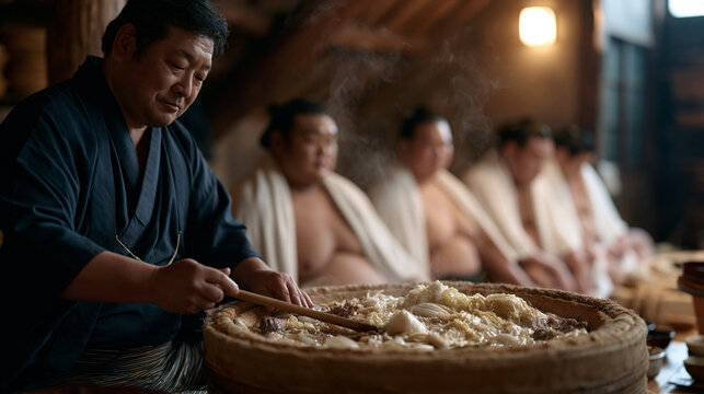 Sumo stable cook serving chanko nabe from an enormous pot to a row of wrestlers seated on the floor after morning practice, the steam rising in the low-roofed kitchen, towels