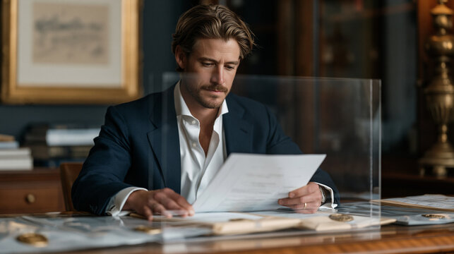 Intellectual property litigation attorney reviewing confidential trade secret documents behind clear acrylic document protectors on mahogany desk with sealed court exhibits