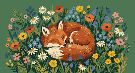 Fototapeta premium Sleeping fox curled in vibrant wildflower meadow, artistic illustration