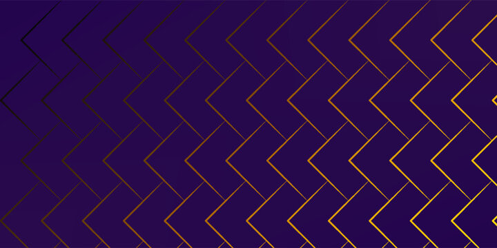 Modern abstract chevron herringbone background with gold outline shapes on dark purple gradient. Minimalist vector illustration template for web wallpaper.