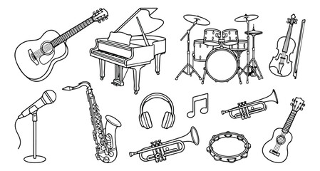 Musical instrument vector set, black and white line art collection, acoustic and electronic music equipment, graphic resource for music-themed designs, concert posters, and educational materials. © Jemie