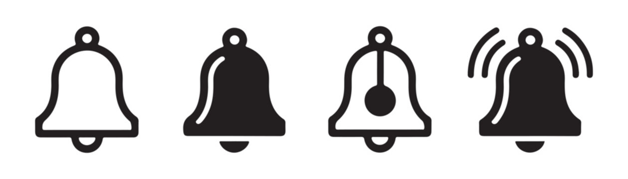Collection of bell notification vector icons in various linear and solid styles for graphic design UI.