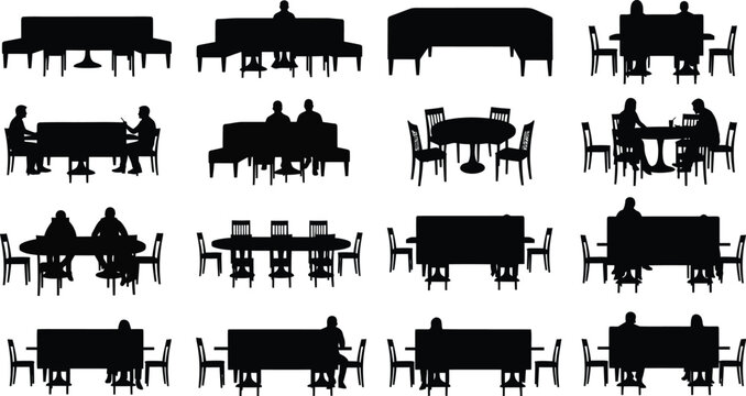 People sitting at dining tables and restaurant booths silhouettes collection for interior design and architectural visualization vector