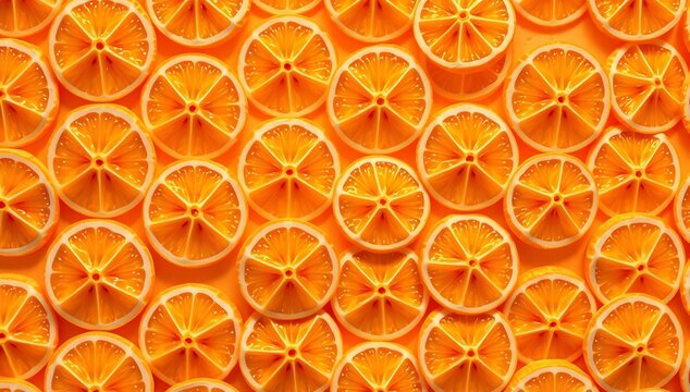 Vibrant orange slices arranged in a colorful pattern on a matching background
