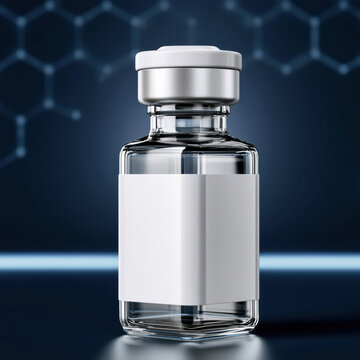 Clear glass vial pharmaceutical bottle white label sterile laboratory medical blue background healthcare science closeup modern