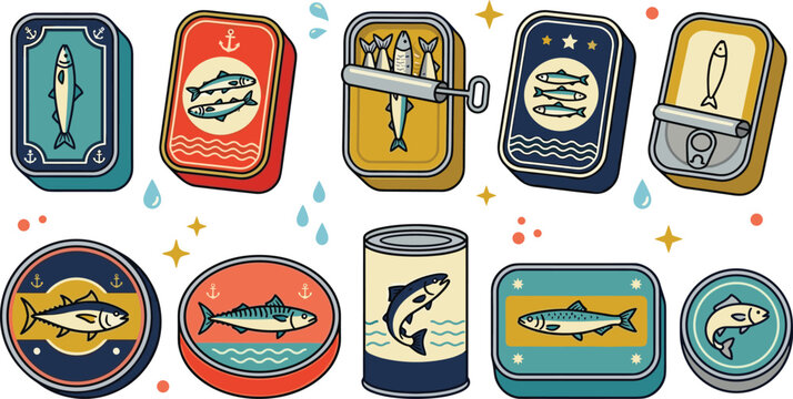 Canned fish and tinned sardines vector illustration set featuring colorful seafood tins with mackerel tuna anchovies and metal keys isolated on white background.