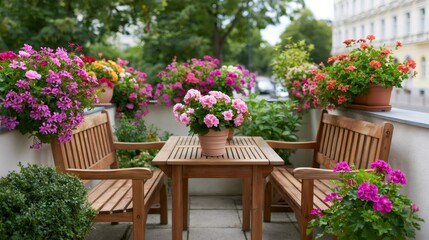Obraz premium Balcony decorated with colorful geranium flowers and wooden furniture