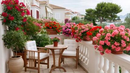 Naklejka premium Balcony decorated with colorful geraniums overlooking sea view