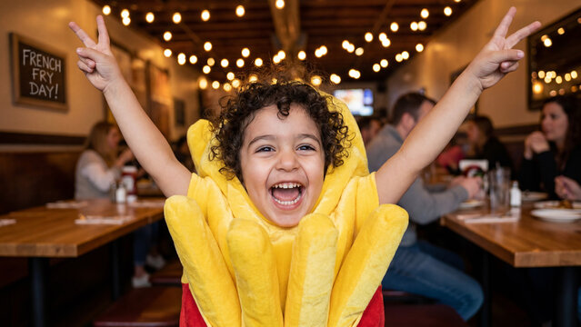 French Fry Day restaurant celebration child cheering yellow costume arms raised joyful festive scene for poster banner design marketing template
