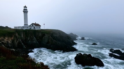 Fototapeta premium A serene lighthouse stands majestically on a rugged cliff edge amidst rolling mist and swirling ocean foam
