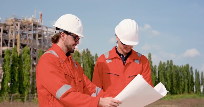 Two male refinery engineer review blueprint during onsite field walk, planning pipeline maintenance, safety inspection, compliance audit, hazard control for petrochemical operation route duty.