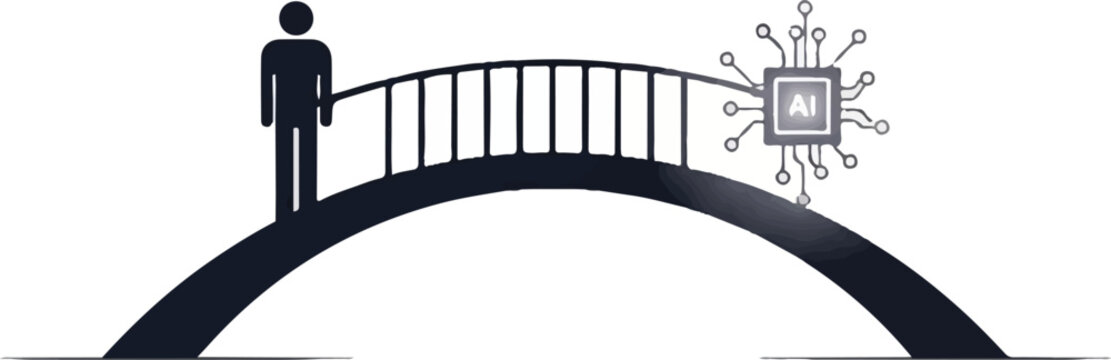 A minimalist arch bridge connecting a human silhouette on one side to a glowing circuit node on the other. Spanning across a clean white void. Symbolizing the connection between humanity and AI.