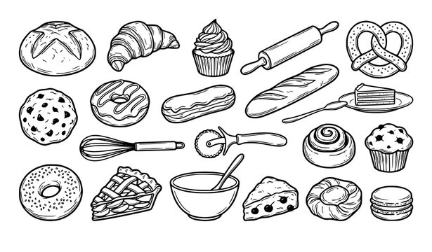 Vintage bakery doodle vector set with bread croissant rolling pin and cupcakes