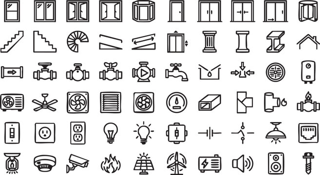 Various icons arranged in rows on a plain surface for design