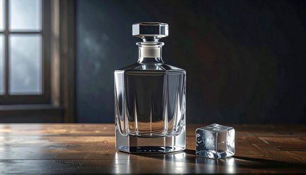 Whiskey decanter and glass on table.