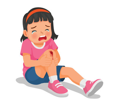 Little girl has knee injury after falling down scratching her knee bleeding