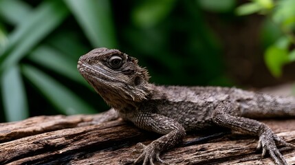 Fototapeta premium A fluffy lizard rests on a wooden log in a natural setting exuding playful energy under bright daylight