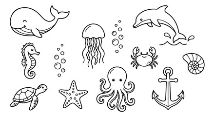 Cute marine animal vector set, adorable sea creatures collection, ocean life illustrations, underwater wildlife graphics for children's designs and educational materials © Jemie