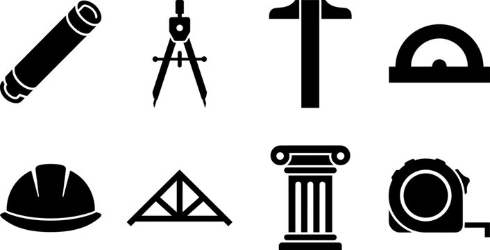 Architecture, engineering, and construction planning solid black vector icon set for commercial use