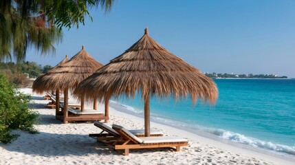 Fototapeta premium Tropical beach with straw umbrellas and lounge chairs