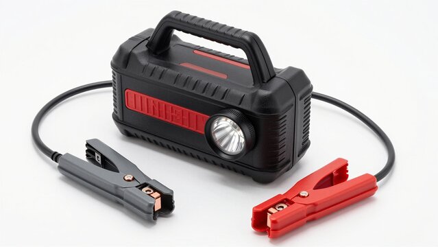 Black and red portable jump starter with flashlight feature connected to a white surface.