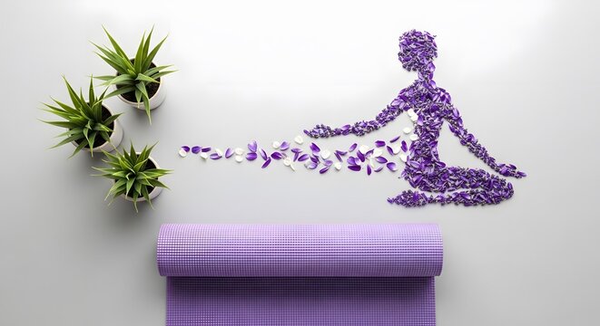 Yoga day inspiration purple yoga mat and plants for mindful meditation practice