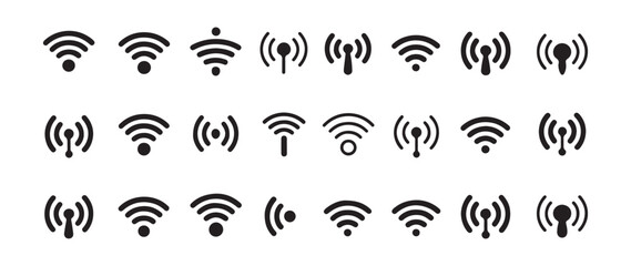 Fototapeta premium Set of Wireless Signal and WiFi Connection Icons in Black and White
