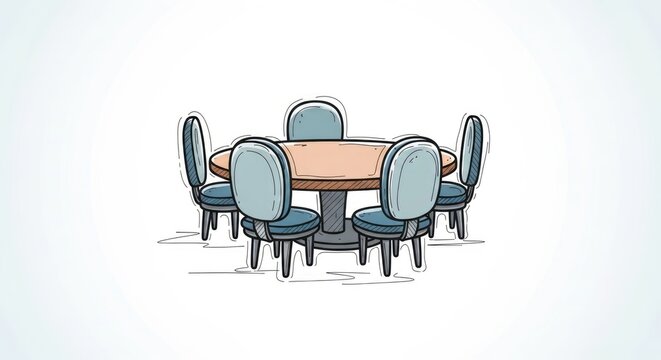 Cartoon style round dining table with six chairs on isolated white background