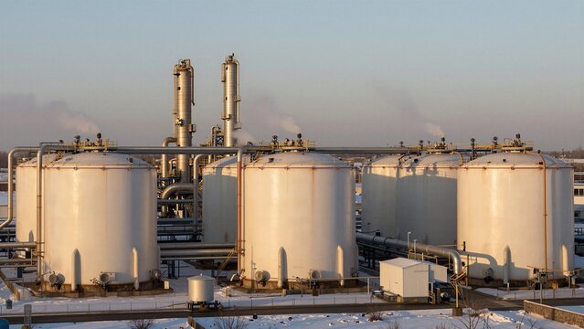 Large white storage tanks connected by pipes at an industrial facility in a snowy landscape, illustrating CCUS technology.