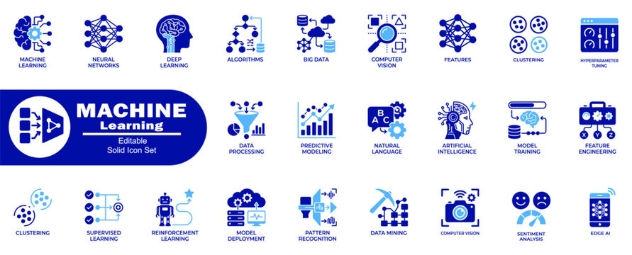 Machine learning solid icons. Depicting neural networks, artificial intelligence, and data science tools. Vector Illustrator.