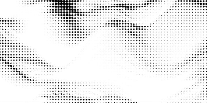 Abstract black and white halftone pattern with flowing wave shapes. Small dots create smooth gradients and organic motion, giving a modern and minimal background texture.