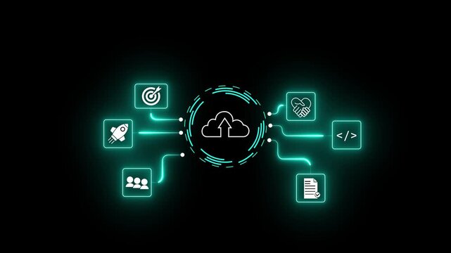 Glowing neon cloud technology integration modern workspace digital interaction.4k motion graphics video animation