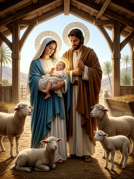 Holy Family Nativity scene with Mary, Joseph, baby Jesus and sheep in a stable.