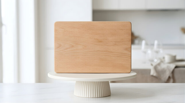 Empty rectangular wooden cutting board on white ceramic cake stand, rustic kitchen mockup, food presentation backdrop
