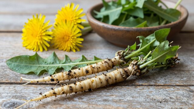 Close-up of fresh dandelion roots with soil attached alongside bright yellow flowers and green leaves arranged on a rustic wooden surface.