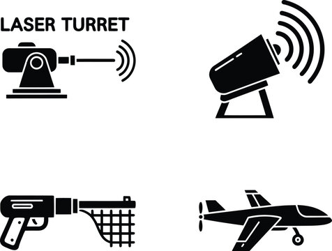Counter UAV Defense Icons - Laser Turret, Jammer, Net Gun & Drone Solid Vector Set