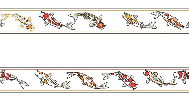 Seamless Koi Fish Border Pattern, Japanese Carp Illustration, Oriental Design Element