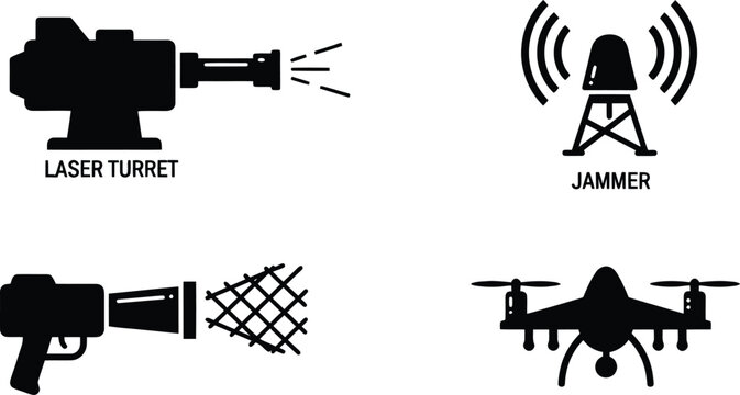 Anti-Drone Defense Icons - Laser Turret, Jammer, Net Gun & UAV Solid Vector Set