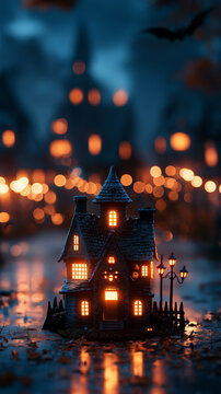 Jack o' lantern pumpkin and ghost with Halloween spooky village background.