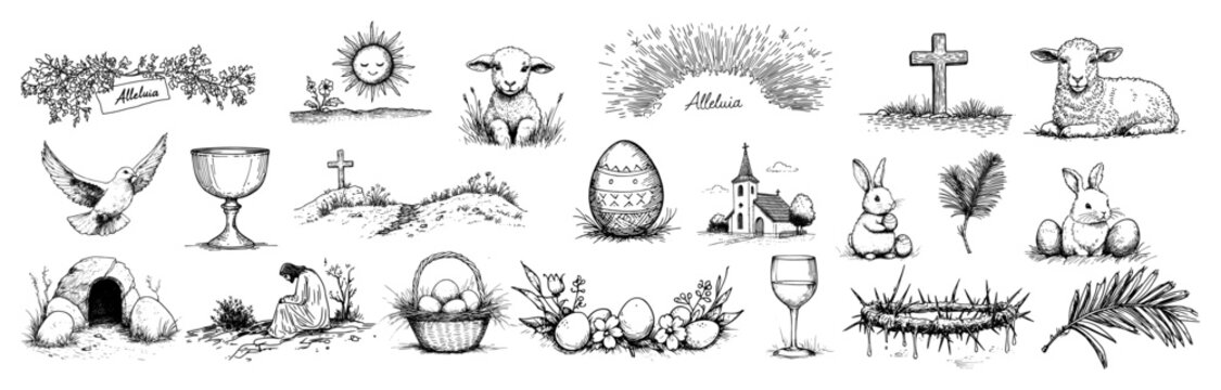 Easter religious symbols and Christian holiday elements collection in vintage sketch style