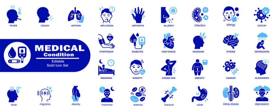Medical condition solid icon set. Showcasing health disease symbols of asthma, cancer, diabetes, obesity, and heart pain vector Illustrator.