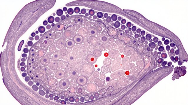 Microscopic cross-section of canine thyroid gland showing follicles filled with colloid, surrounded by epithelial cells and connective tissue.