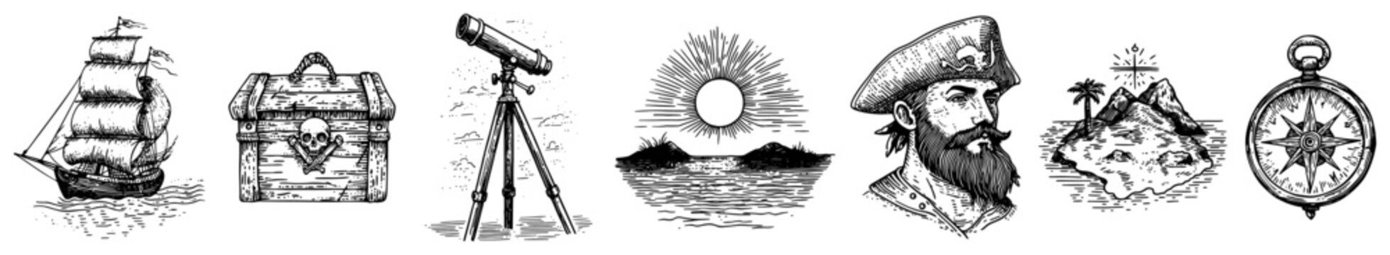 Pirate adventure and maritime nautical symbols collection in vintage engraving style