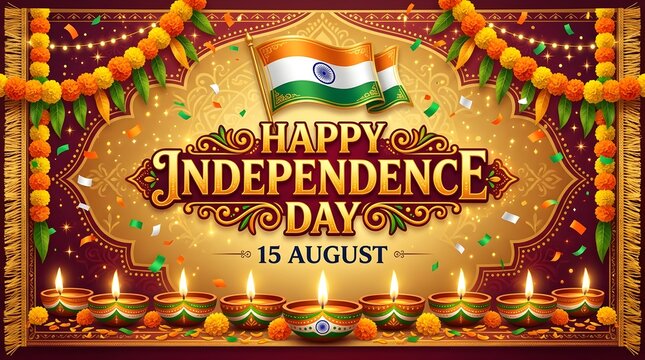 Happy independence day india 15 august celebration with flag and diyas