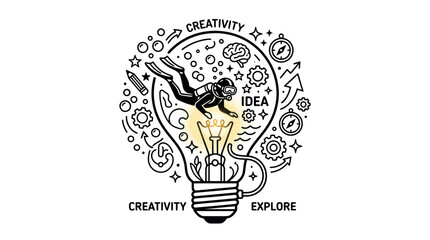 Diver exploring light bulb for creativity and new ideas, innovation concept © jami