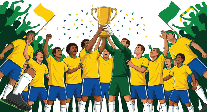 Soccer players in yellow uniforms lift a golden trophy high above their heads while cheering crowd members wave flags in the background.