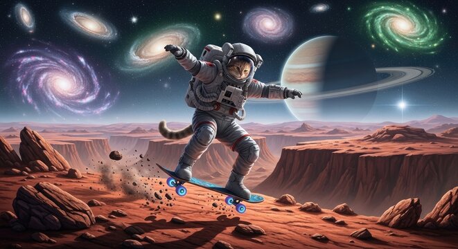 Adventurous cat astronaut skateboarding on red alien planet with galaxies